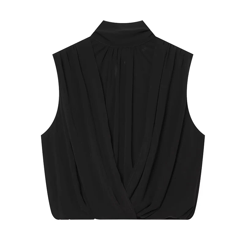 Women's Tops Summer Fashion Pleated Tops Women Turtleneck Sleeveless Tops Casual Female Chic Tops