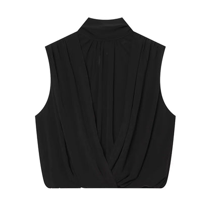 Women's Tops Summer Fashion Pleated Tops Women Turtleneck Sleeveless Tops Casual Female Chic Tops