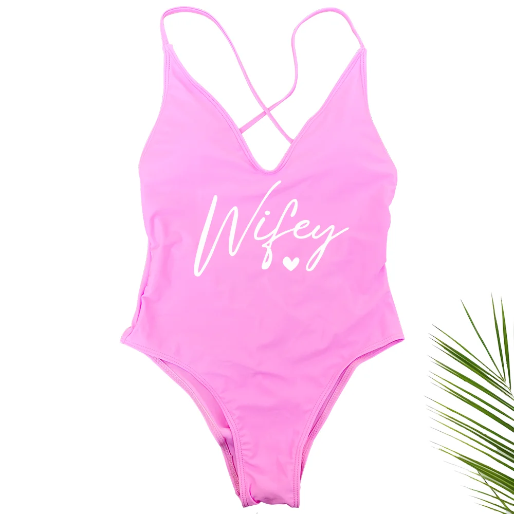 Sexy Padded Wifey One Piece Swimsuit bride Swimwear Women Backless Rose gold Bathing Suit Summer Beachwear monokini Thong