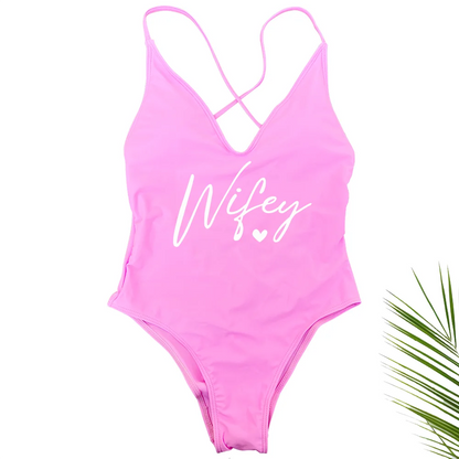 Sexy Padded Wifey One Piece Swimsuit bride Swimwear Women Backless Rose gold Bathing Suit Summer Beachwear monokini Thong