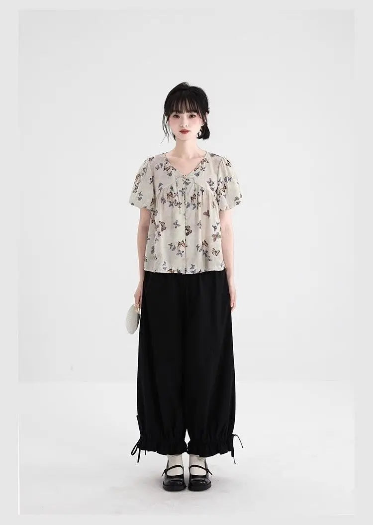 Women's Black High Waist Wide Leg Pants Drawstring Cuff Ruffled Casual Trousers
