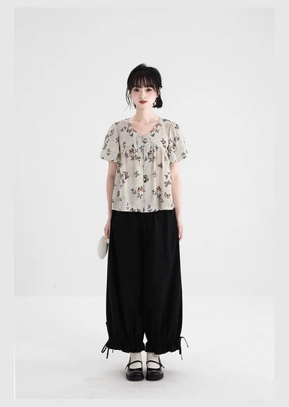 Women's Black High Waist Wide Leg Pants Drawstring Cuff Ruffled Casual Trousers