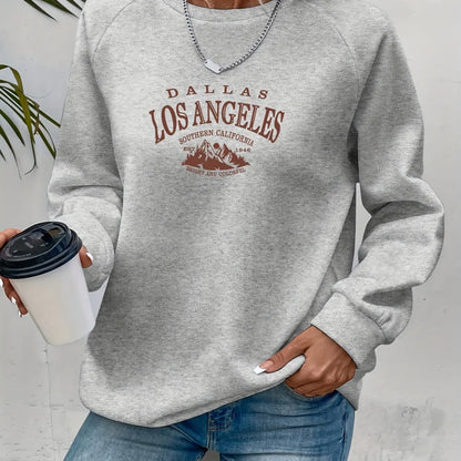 Women's autumn and winter casual wide pine mountain and letter pattern print warm and velvet long sleeved round neck sweatshirt