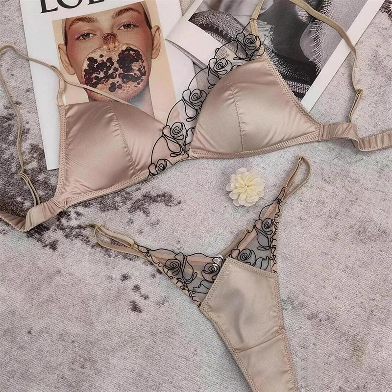 Women Underwear Set Sexy Silken Triangle Cup Wireless Bras French Bralette Seamless Intimates Bra and Thong Lingerie Set