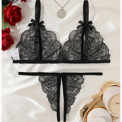 Floral Lace Bra Set Bow Intimates Bra And Thongs Sets Outfit Women's Underwear Set