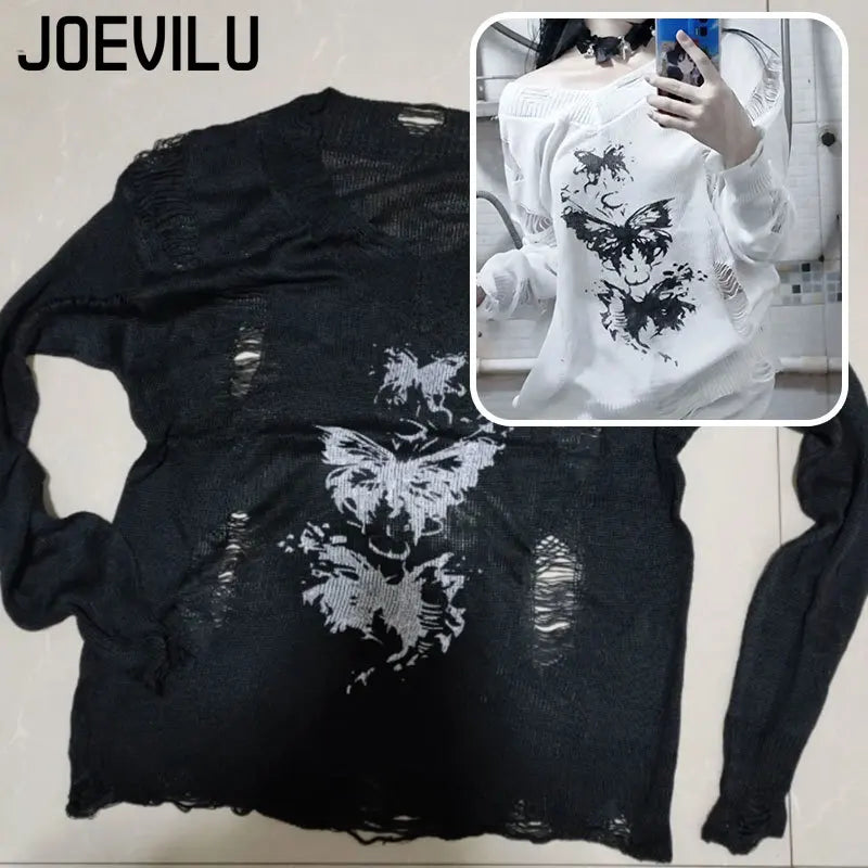 Sexy Graffiti Butterfly Hollow-out Knit Tops Summer Thin Sunscreen Cover Shirt Loose Casual Versatile Y2K Long Sleeve Blouses