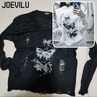 Sexy Graffiti Butterfly Hollow-out Knit Tops Summer Thin Sunscreen Cover Shirt Loose Casual Versatile Y2K Long Sleeve Blouses
