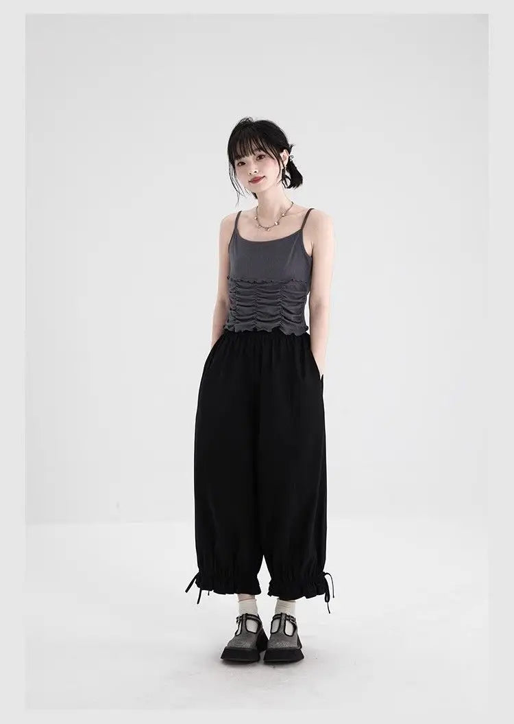 Women's Black High Waist Wide Leg Pants Drawstring Cuff Ruffled Casual Trousers
