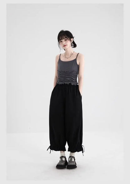 Women's Black High Waist Wide Leg Pants Drawstring Cuff Ruffled Casual Trousers