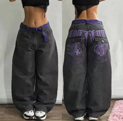 Y2K New Fashion Pink Pattern Patch Loose Jeans Women Gothic Harajuku Hip Hop Casual Joker Wide Leg Denim Trousers