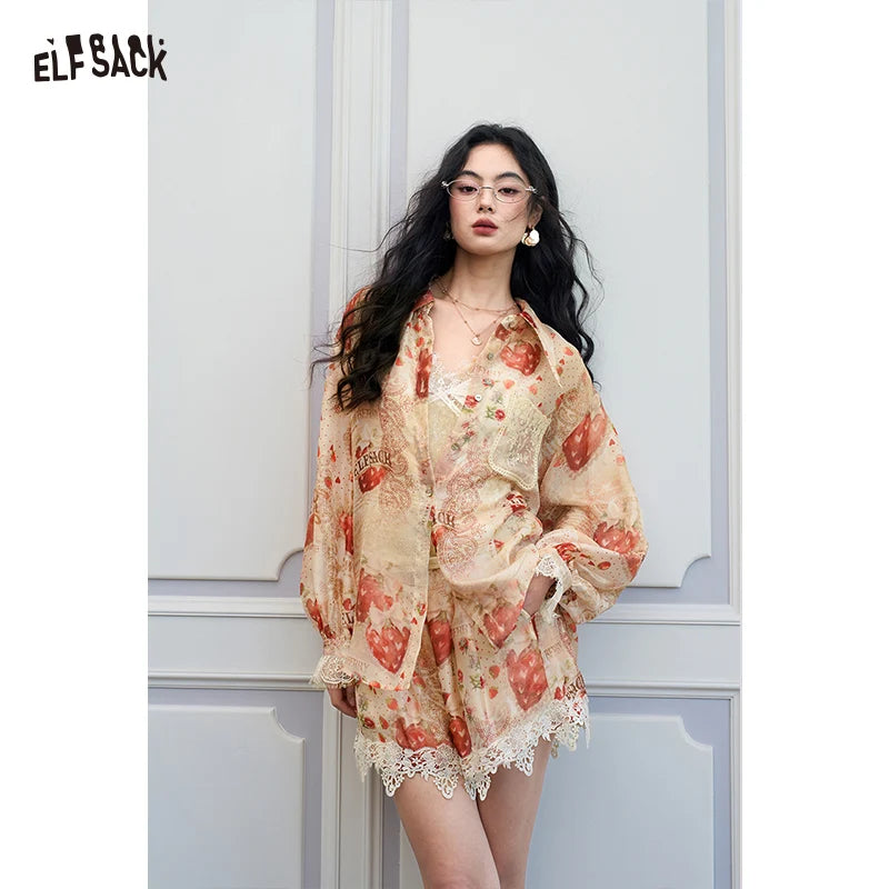 ELFSACK Women's Strawberry Print 2 Piece Set, Vintage Palace Vacation Shirt & A-Line Shorts Suit, Cute Summer Outfit