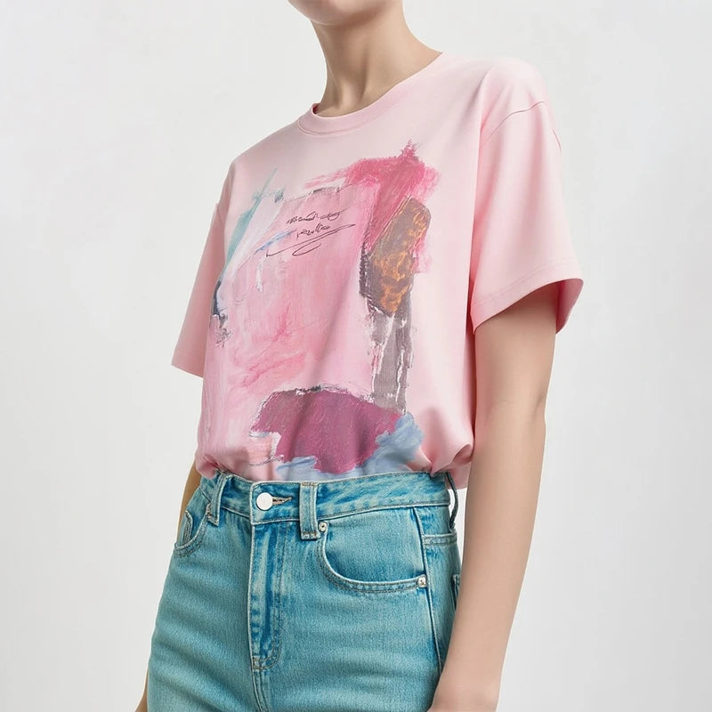 Amii Women's T-Shirt 2026 Summer New Cotton O-Neck Drop Shoulder Tee Casual Printed Loose Short Sleeve Top For Women 12642030