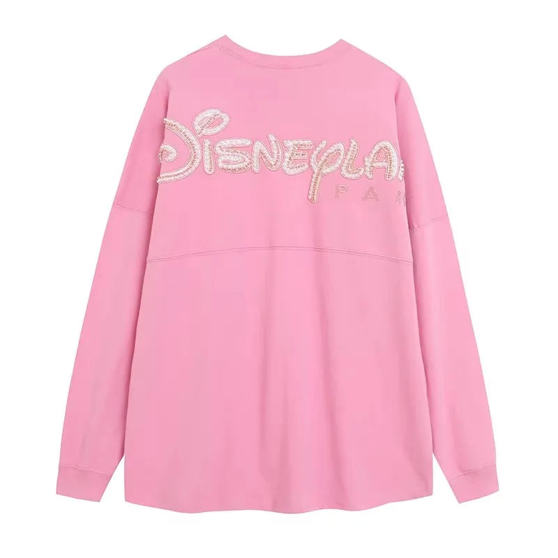 Disney World Letter Mickey Mouse Cartoon Print Embroidery Flares Pearl Pink Sweatshirt Sweet Women Long Sleeve Loose Jumper Tops