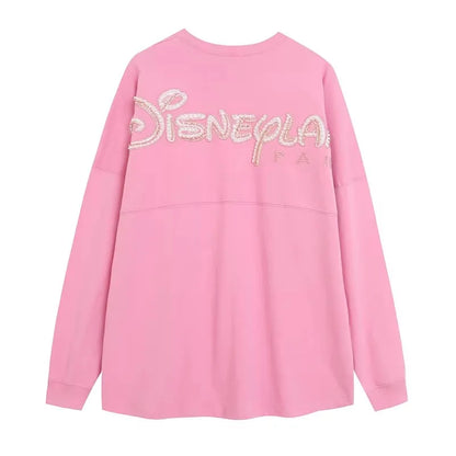 Disney World Letter Mickey Mouse Cartoon Print Embroidery Flares Pearl Pink Sweatshirt Sweet Women Long Sleeve Loose Jumper Tops