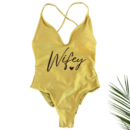 Sexy Padded Wifey One Piece Swimsuit bride Swimwear Women Backless Rose gold Bathing Suit Summer Beachwear monokini Thong