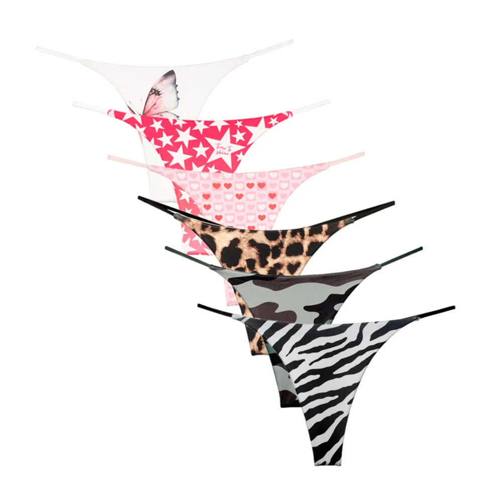 6PCS/Set Strap Thong Double Layer Cotton Panties for Women Plus Size Sexy Seamless Underwear Leopard/Camouflage G String