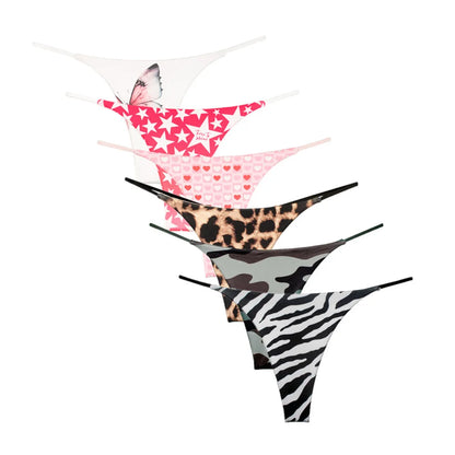 6PCS/Set Strap Thong Double Layer Cotton Panties for Women Plus Size Sexy Seamless Underwear Leopard/Camouflage G String