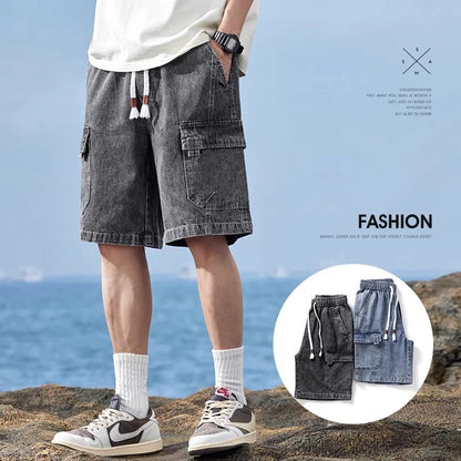 Summer Men's High Street Baggy Cargo Denim Shorts 2026 New Y2K Vintage Drawstring Jorts Hip Hop Fashion Blue Short Jean Pants