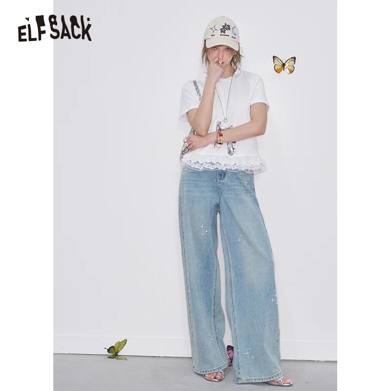 ELFSACK High Waist Wide Leg Jeans for Women, Casual Loose Fit Denim Pants with Pearl Embellishment, Light Washed Trousers