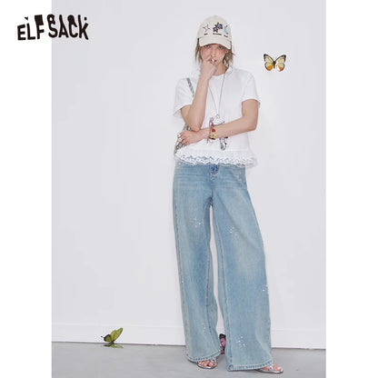 ELFSACK High Waist Wide Leg Jeans for Women, Casual Loose Fit Denim Pants with Pearl Embellishment, Light Washed Trousers