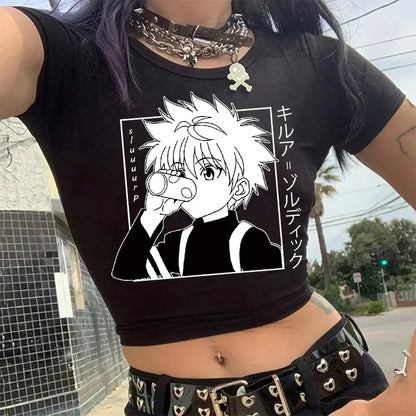 Crop Top T-shirt Hunter X Hunter Tees Cropped Harajuku Cartoon Killua Tshirt Funny Japanese Anime Hisoka T Shirt Tops Y2k Manga