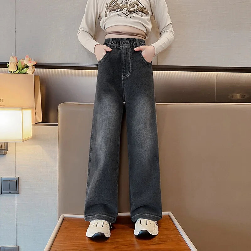 Teenage Girls Jeans 2026 Spring Fall Casual Fashion Loose Ripped Hole Kids Retro Korea Pants School Children Trousers 6 8 10 12Y