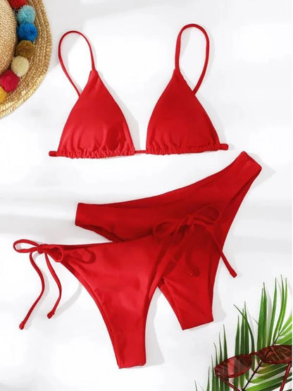 Sexy Solid 3 piece Bikini Set Women's Halter Lace Up Low Waist Swimsuit Triangle Thong Tie On Side Swimwear Brazilian Biquinis