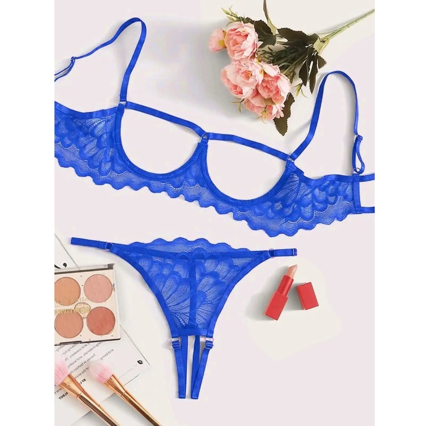Toucheart 2-piece Set Showing Breasts Sexy Interesting Underwear Women Solid Color Mesh Hollow Out See-through Sexy Lingerie Set