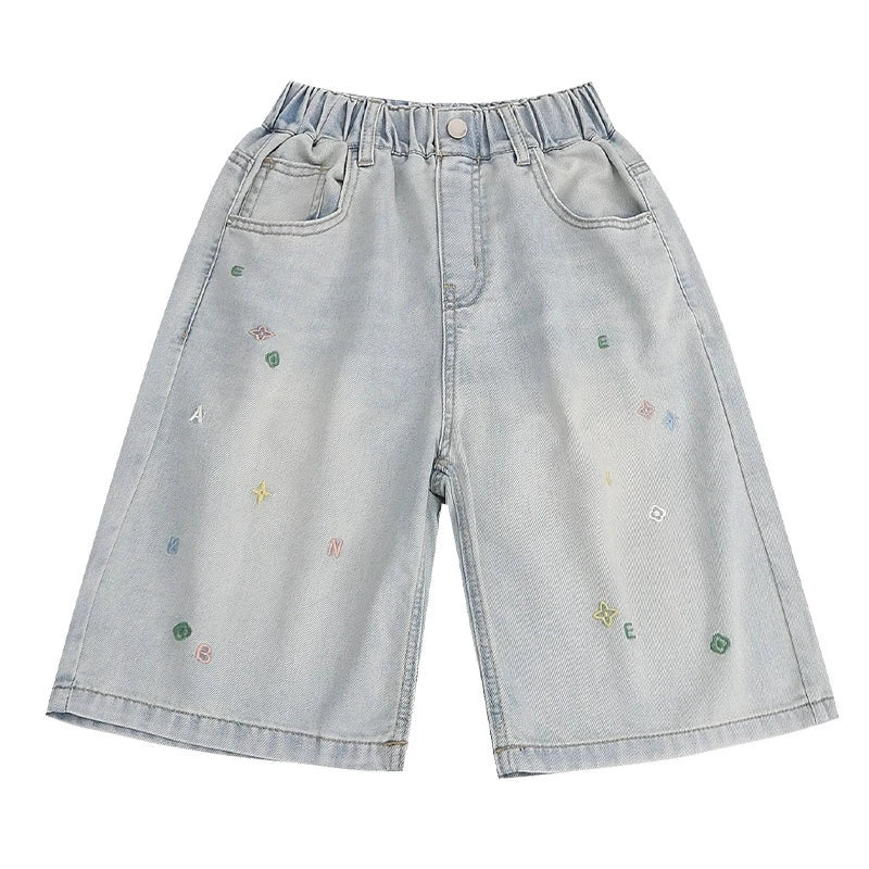2026 New Summer Children Short Jeans Teen Girls Fashion Star Embroidery Wide Leg Denim Shorts Kid Casual Loose Knee Length Pants