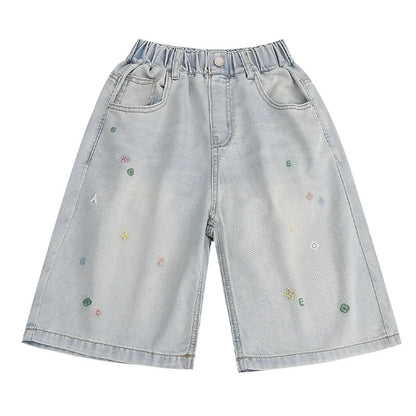 2026 New Summer Children Short Jeans Teen Girls Fashion Star Embroidery Wide Leg Denim Shorts Kid Casual Loose Knee Length Pants