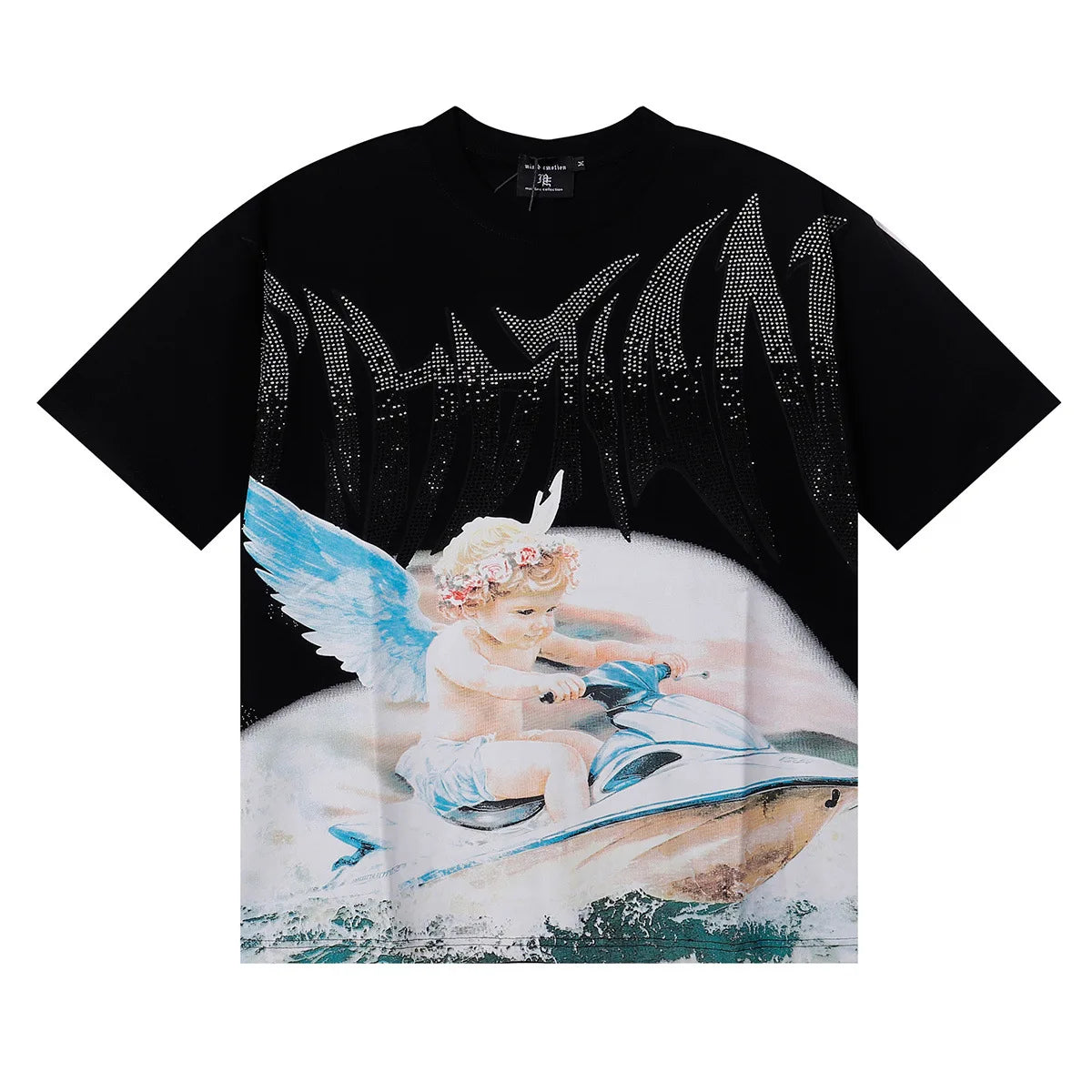 MIXED EMOTION Shirt Rhinestone Short Sleeve Men Women T-shirt Streetwear 100% Cotton Loose Round Neck Top Tees Oversized Tee Top