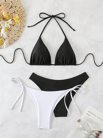 Sexy Solid 3 piece Bikini Set Women's Halter Lace Up Low Waist Swimsuit Triangle Thong Tie On Side Swimwear Brazilian Biquinis