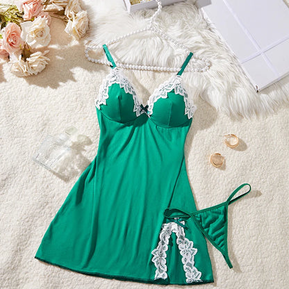 New Green Sexy Strap Women's Bra Set Dress Temptation Ultra Short Split Skirt Sleep Dress Underwear Set Home Underwear Clothing