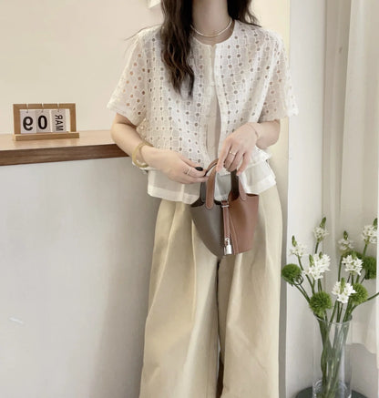 Korean style Hollow Out Patchwork Shirts Women Summer Loose O Neck Buttons Tops Y2K Fashion Casual Fake Two Pieces Shirts