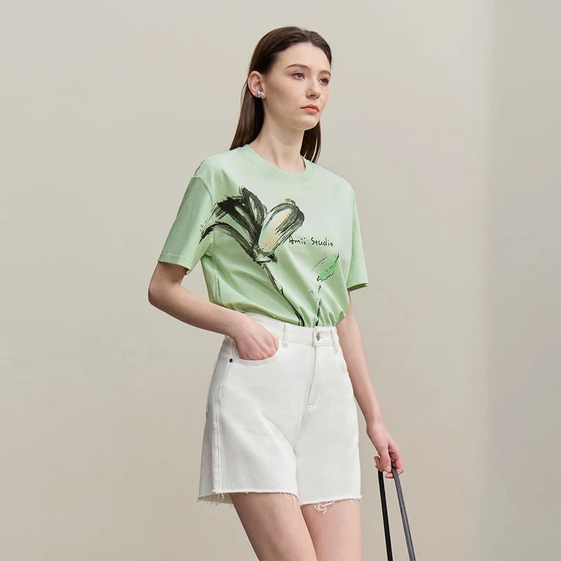 Amii Women's T-Shirt 2026 Summer New Cool Feeling Cotton Round Neck Tee Shirt Ink Art Print Loose Fit Short Sleeve Tops 12622149