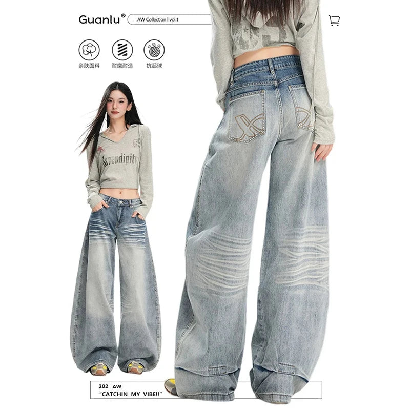YIBASHU Summer Women's Denim Pants Y2K Baggy Wide Fit Jean Japanese Harajuku Grunge Stacked Jeans Kpop 2000s Punk Boyfriend New