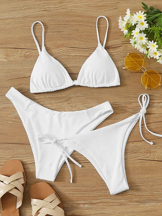 Sexy Solid 3 piece Bikini Set Women's Halter Lace Up Low Waist Swimsuit Triangle Thong Tie On Side Swimwear Brazilian Biquinis