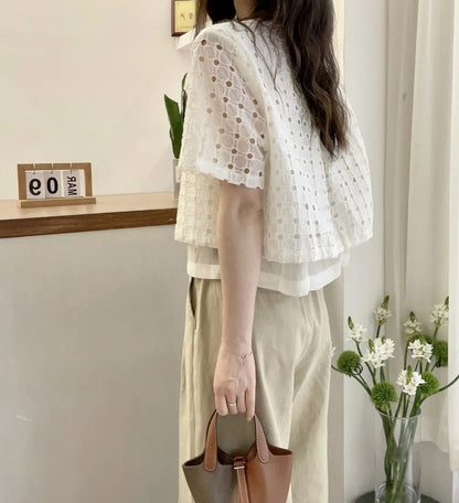 Korean style Hollow Out Patchwork Shirts Women Summer Loose O Neck Buttons Tops Y2K Fashion Casual Fake Two Pieces Shirts