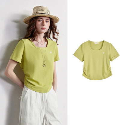 TOYOUTH Women T-shirt 2026 Summer New Breathable Bead Floor Short Fit Waist Cinched Square Neck American Top