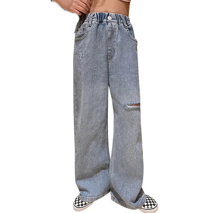 Teenage Girls Jeans 2026 Spring Fall Casual Fashion Loose Ripped Hole Kids Retro Korea Pants School Children Trousers 6 8 10 12Y