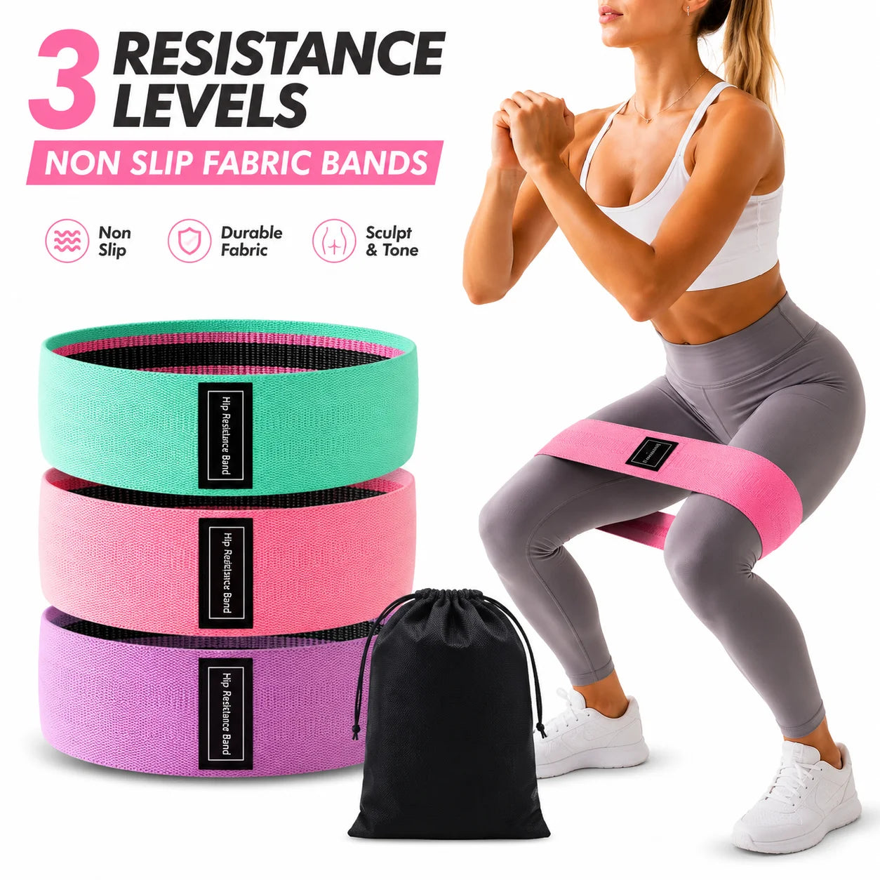 3PCS Fabric Resistance Bands Set for Women, Non Slip Workout Bands for Glutes, Legs & Home Fitness