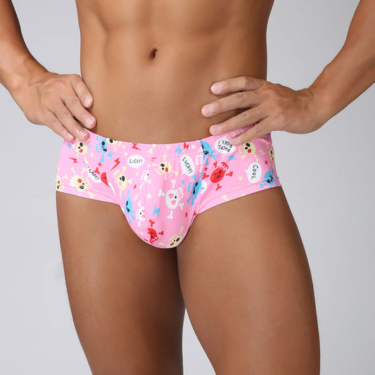 Men Penis Bag Jockstrap Lingerie Soft Hollow Sexy Breathable Boxer Brief Low Rise Skull Print U Pouch Underwear