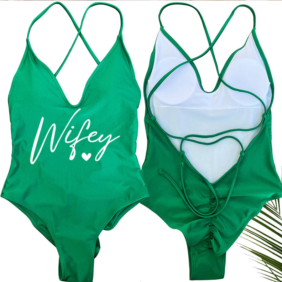 Sexy Padded Wifey One Piece Swimsuit bride Swimwear Women Backless Rose gold Bathing Suit Summer Beachwear monokini Thong