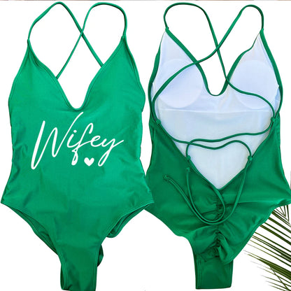 Sexy Padded Wifey One Piece Swimsuit bride Swimwear Women Backless Rose gold Bathing Suit Summer Beachwear monokini Thong