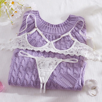 Toucheart 2 Piece Set Sexy Interesting Underwear Set for Women Solid Color Lace Mesh See-through Bra Exotic Sexy Lingerie Set