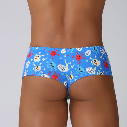 Men Penis Bag Jockstrap Lingerie Soft Hollow Sexy Breathable Boxer Brief Low Rise Skull Print U Pouch Underwear