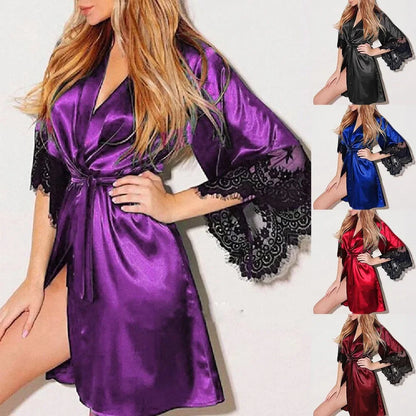 Female Sexy Lingerie Silky Satin Sleepwear Women Night Gown Robe with G String Floral Lace Bathrobe Halt Sleeve Nightdress