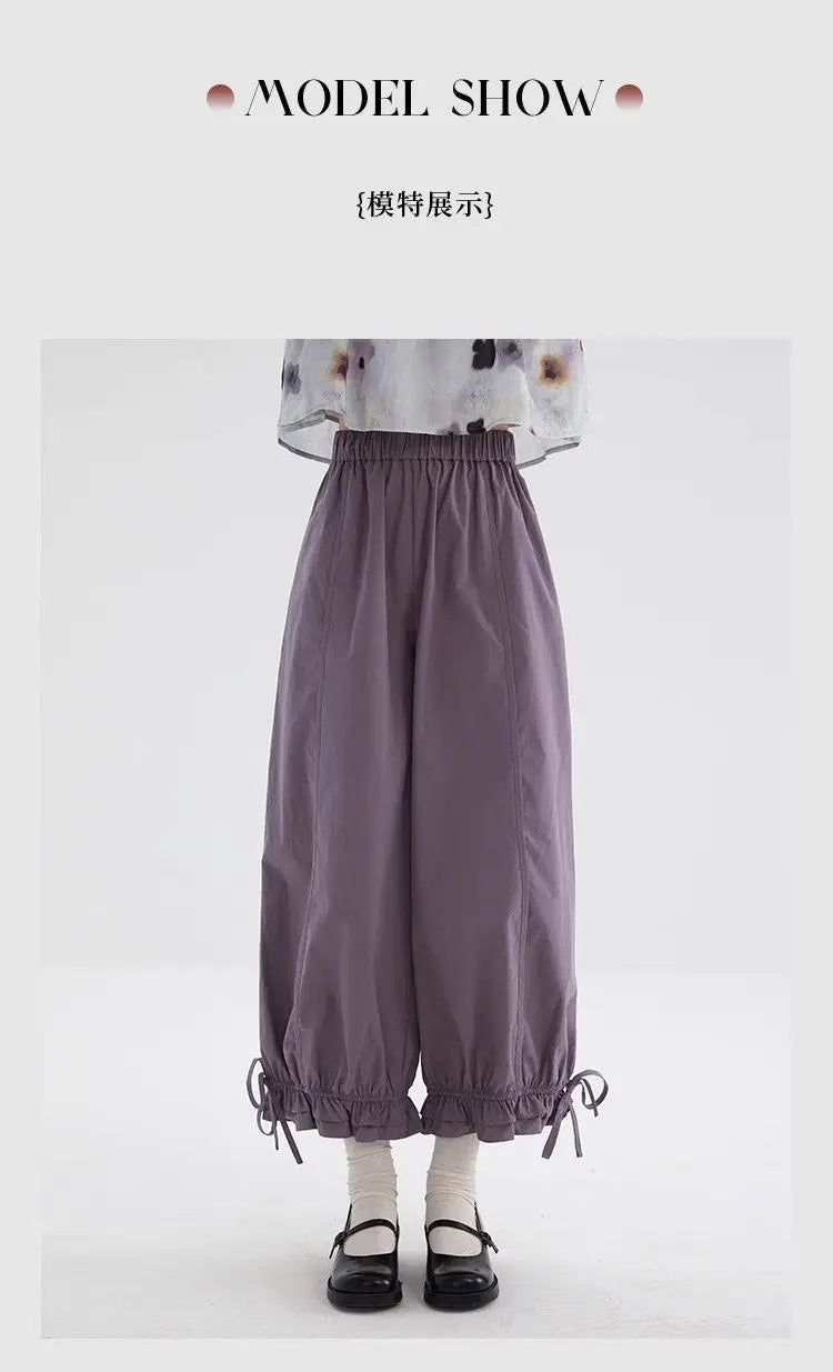Women's Black High Waist Wide Leg Pants Drawstring Cuff Ruffled Casual Trousers