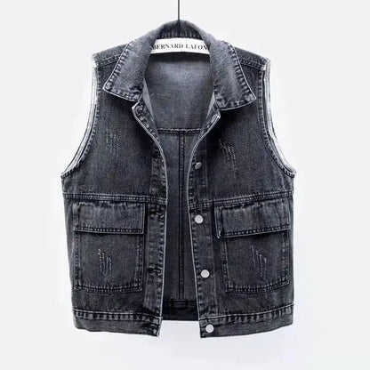 Frayed Denim Vintage Sleeveless Loose Single Breasted Women's Vest Jacket Coats Short Coat For Women Clothing 2024 Fashion