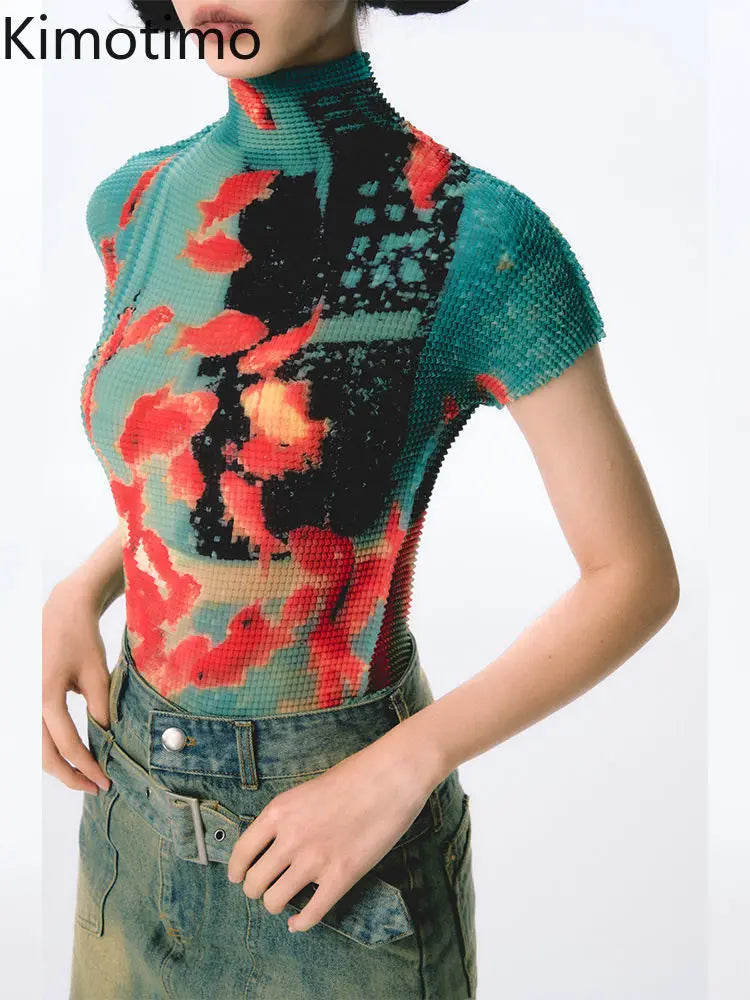 Kimotimo Harajuku Folds Goldfish Print T-shirt Women Summer Y2k Aesthetic Turtleneck Slim Crop Top Short Sleeve Ropa De Mujer